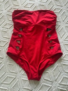Carmen Marc Valvo Red Strapless Cutout One-Piece Swimsuit